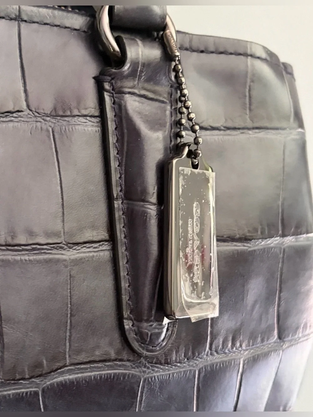 COACH Brooklyn Carryall 28 Navy Blue Croc Embossed Leather Crossbody Satchel Bag